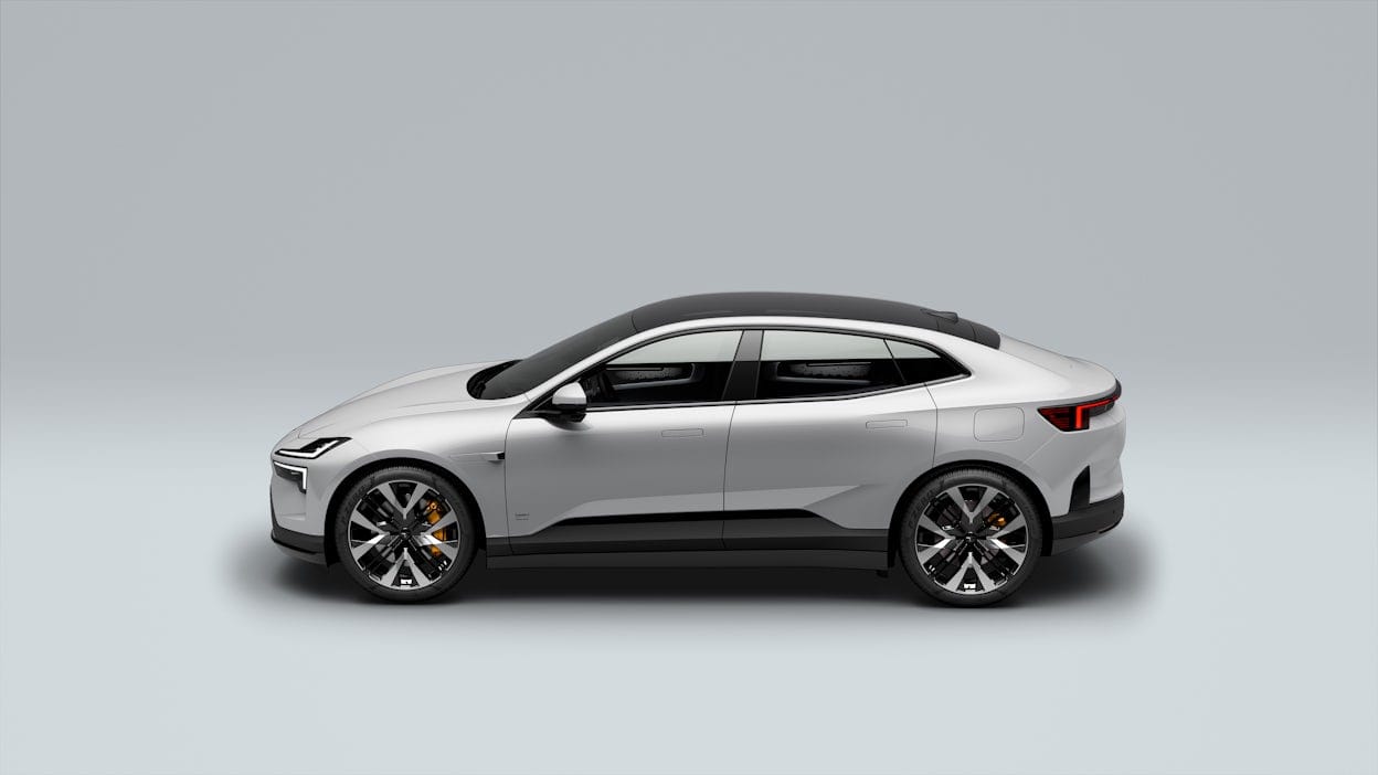 The Polestar 4 car seen from side, white background