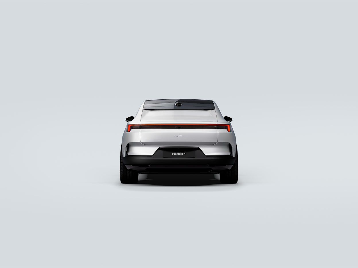 Back of white Polestar 4 on white background