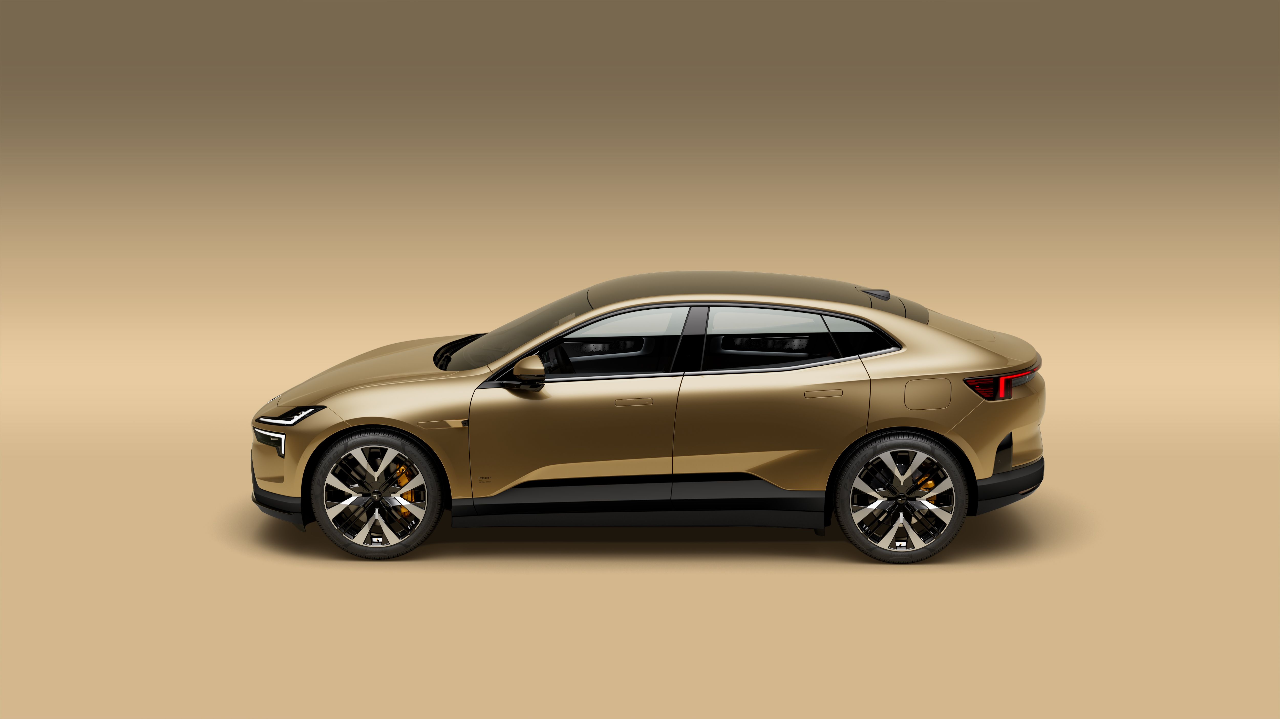 Golden Polestar 4 seen from the side. Golden background