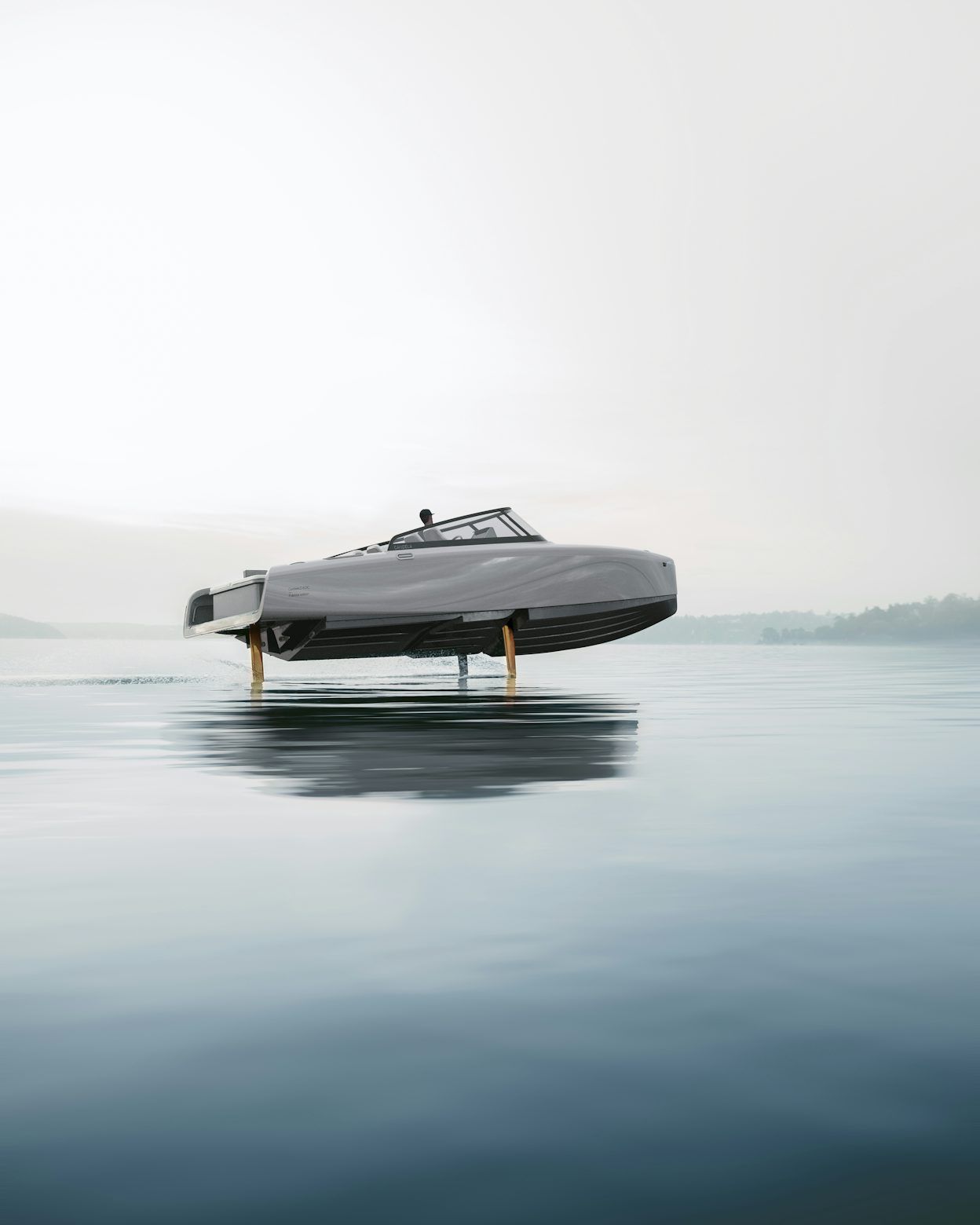 Candela boat driving in a calm foggy environment. Shown from the side.