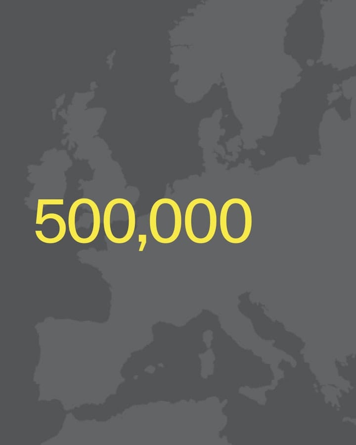 Map of Europe, grayscale. Number 500,00 in yellow.