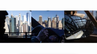 Collage of skylines viewed from inside Polestar cars