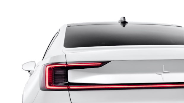 Part of the rear of a white Polestar 2.