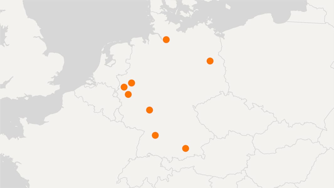 Map of Germany with Polestar locations indicated as orange dots