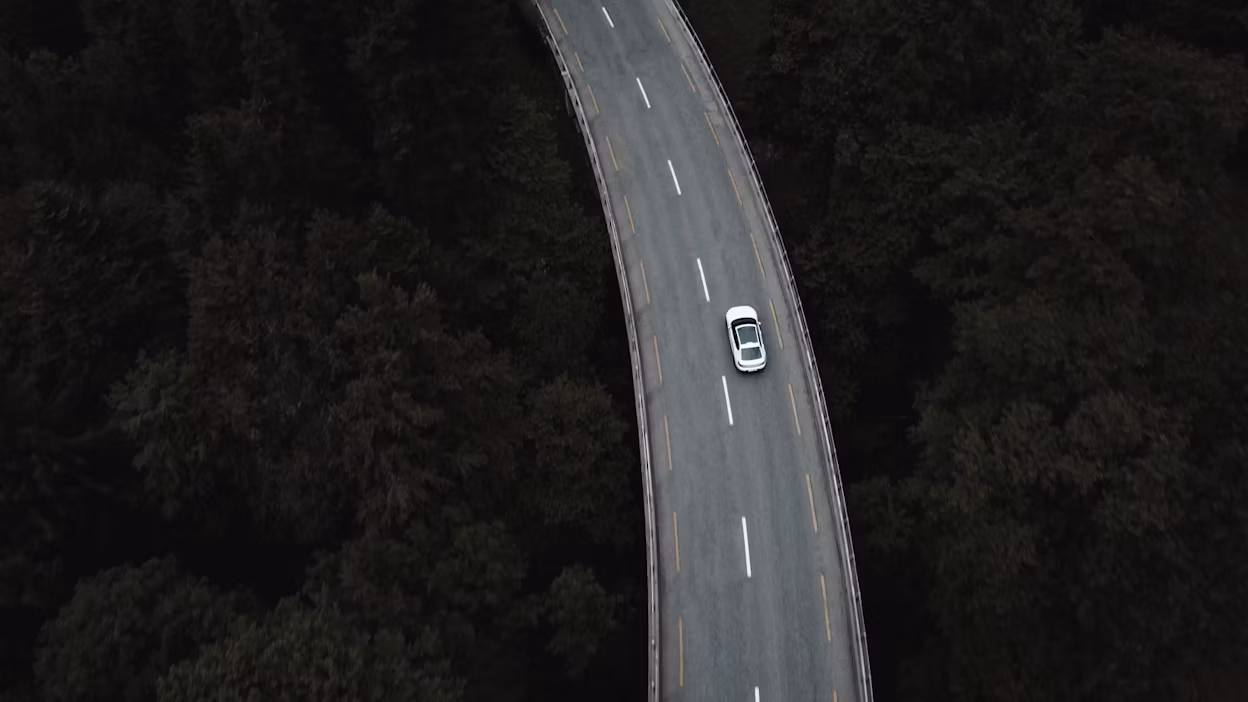 Arial view of Polestar 2 driving through middle of forest