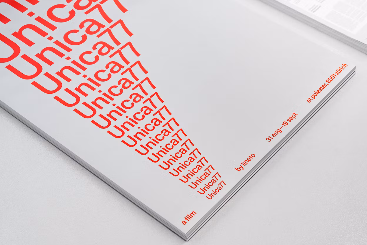 Poster with repeated text 'Unica77' in red, details of a film by Lineto, dates 31 Aug–19 Sept, at Polestar, 8001 Zurich.
