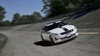 Front shot of Polestar 2 BST edition 230 on the circuit