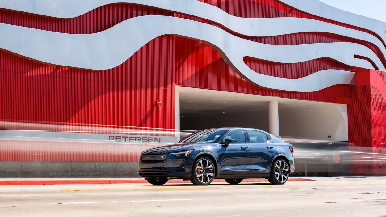 Polestar 2 outside the Petersen Automotive Museum.