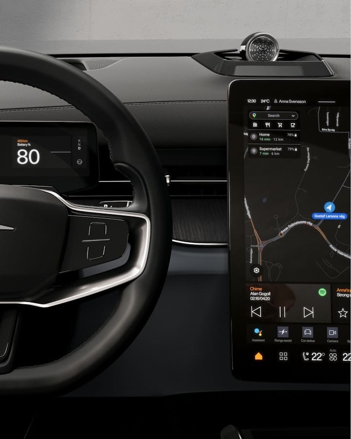 Steering wheel, main centre display and controls.