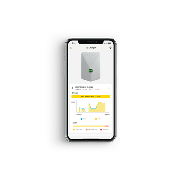 Evnex phone app displaying solar power energy usage