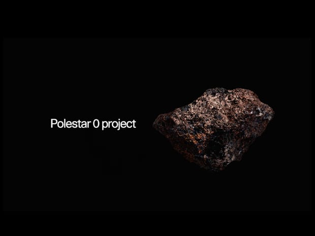 Black image with white text "Polestar 0 project" next to a zoomed in material piece