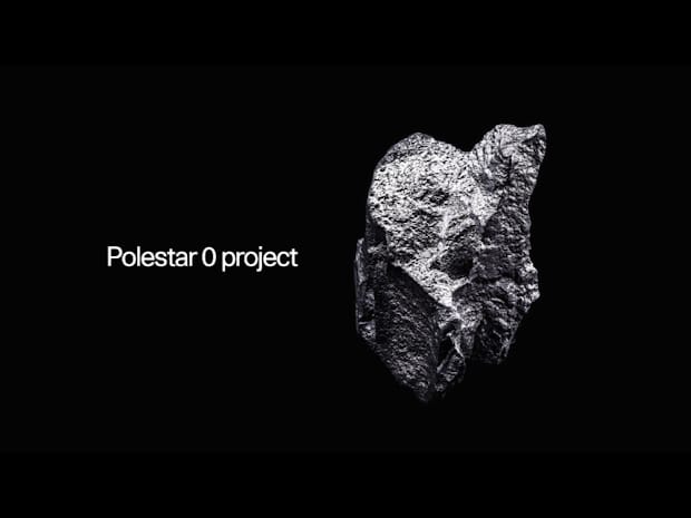 Black image with white text "Polestar 0 project" next to a zoomed in material piece