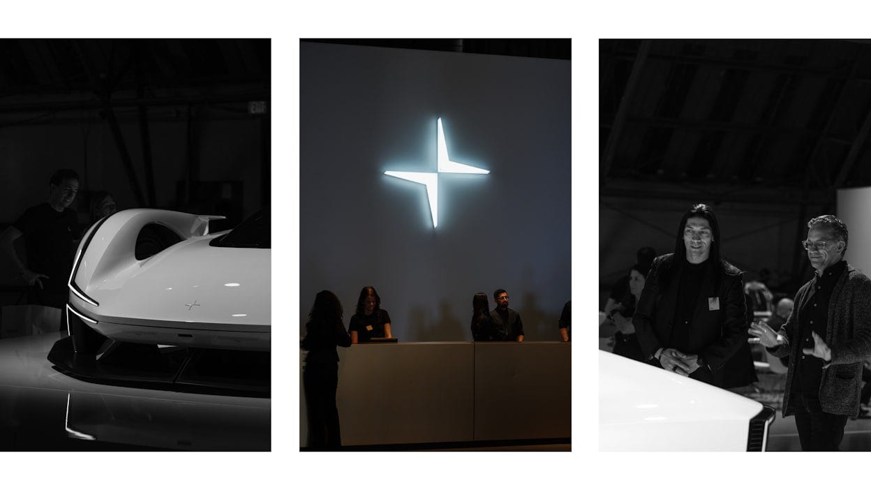 Front view of Polestar Synergy, the welcome desk at Polestar Day and Senior Designer Nahum Escobedo in conversation.
