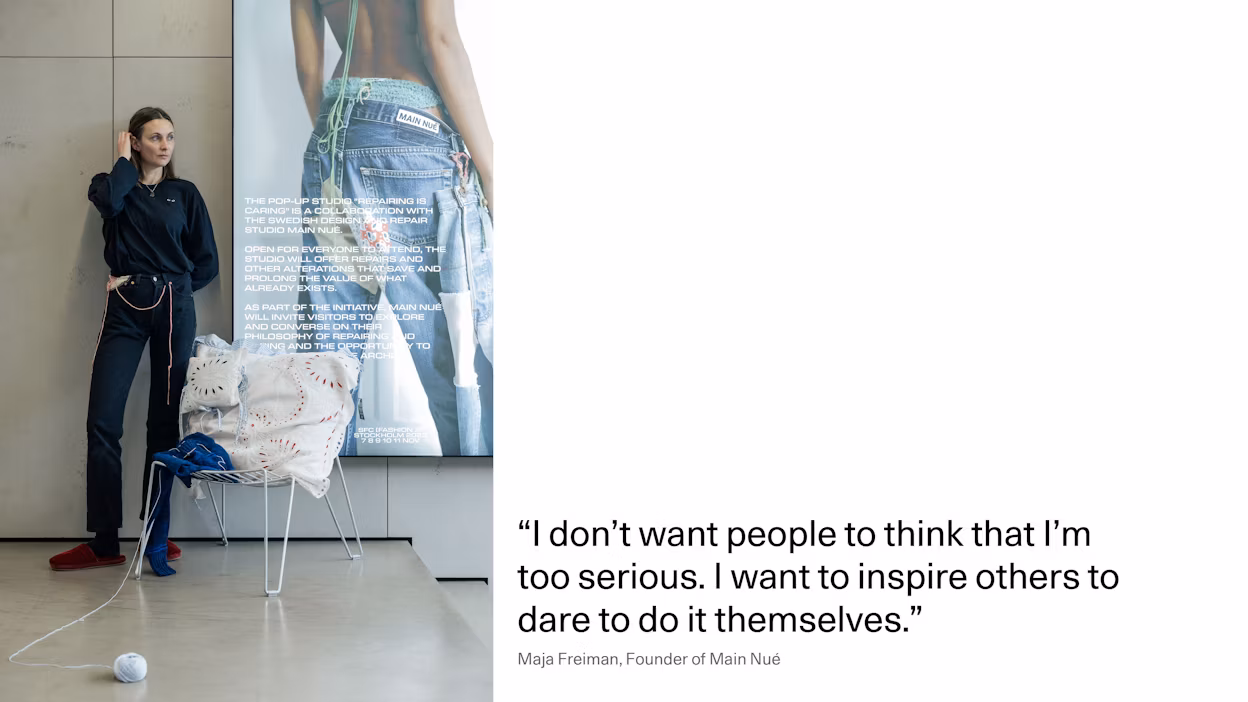 Maja Freiman standing infront of a sign inside the Polestar Space which explains the event purpose.