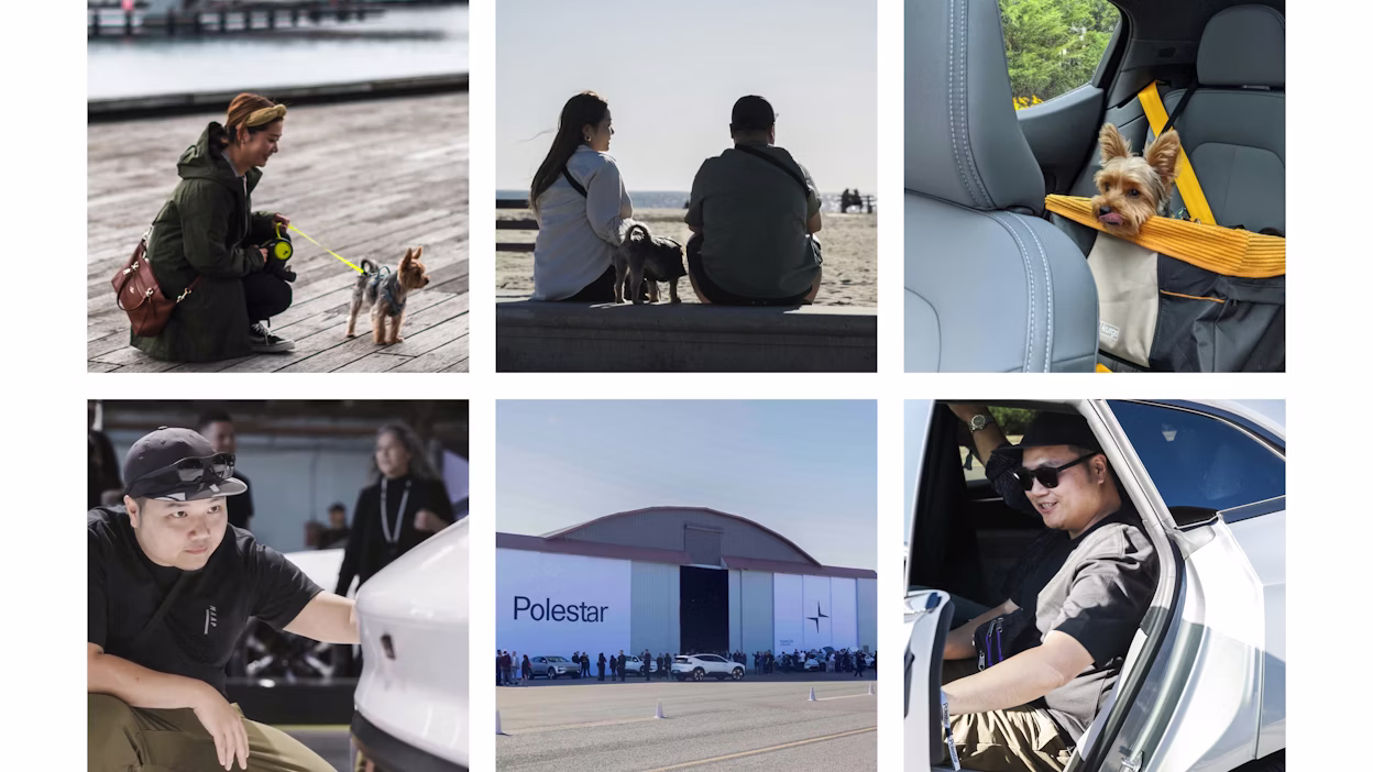 Collage with pictures featuring people and dogs at the Polestar Day in Santa Monica.