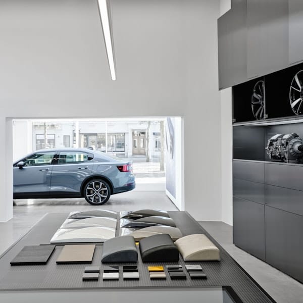 Polestar 2 Midnight in a Space with samples in the front of the picture