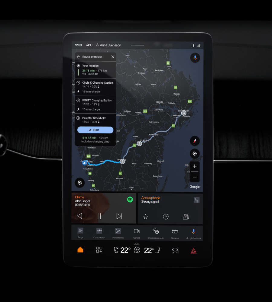 Polestar 3, range and charging intelligent route planning shown on center display.