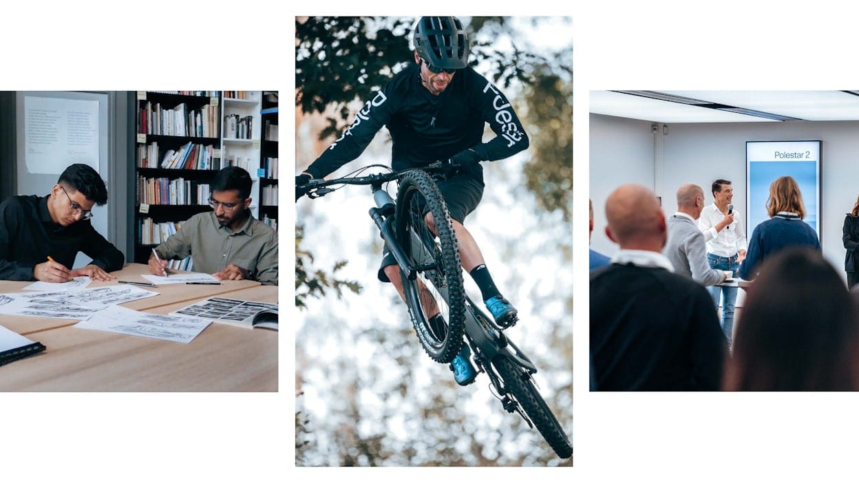 Photo canvas: Design contest winners, Emil Lindberg on his Allebike, and Thomas Ingenlath presenting at Polestar owners event..