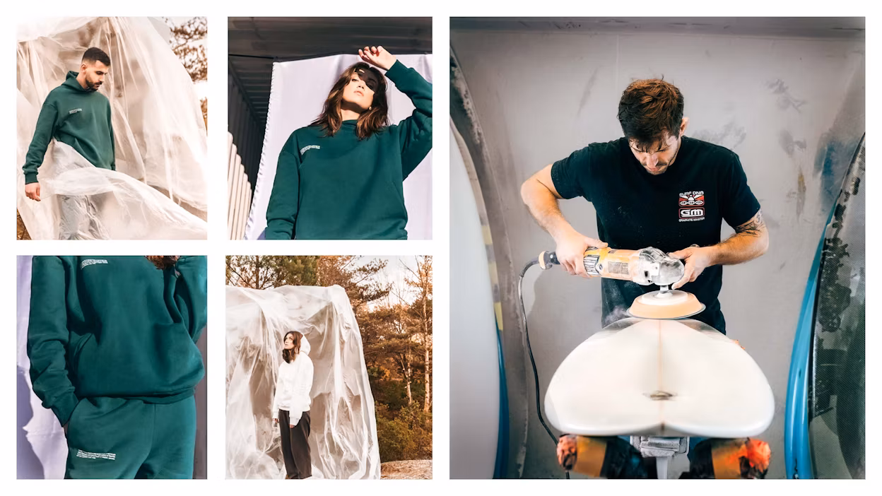 Photo canvas: Pangaia photoshoot and Marcelo crafting a surfboard.