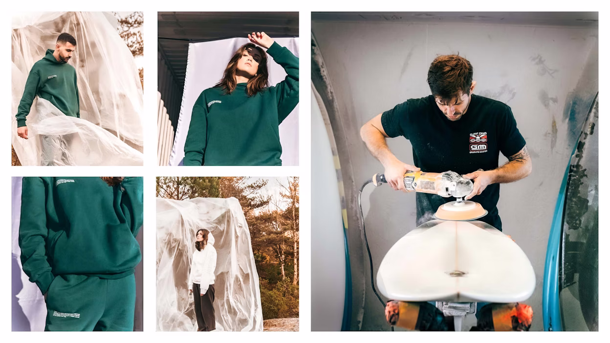 Photo canvas: Pangaia photoshoot and Marcelo crafting a surfboard.