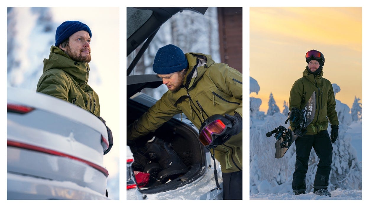 Canvas of images of Antti Autti with his Polestar 2 and walking with his snowboard in the snow.