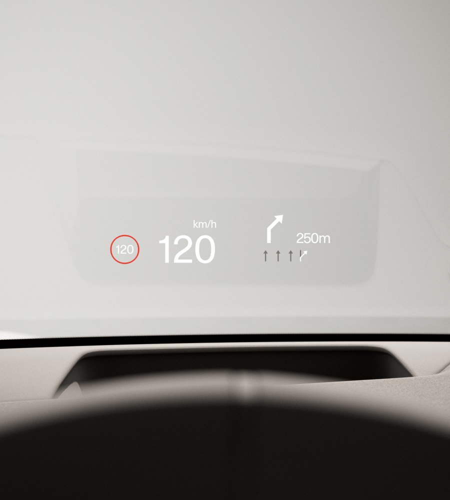 Head-up display with speed level and directions projected on windscreen.