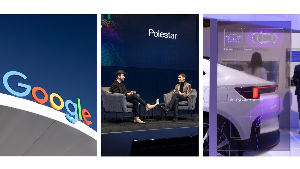 Collage of Google building, Polestar CEO Thomas Ingenlath in fireside chat at CES and Polestar 4 rear.