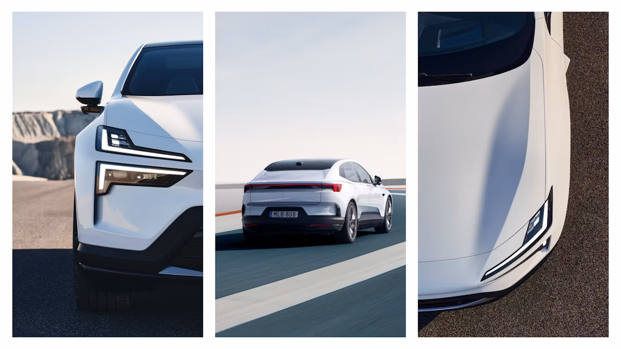 Three views of a Polestar car showing front, rear, and top angles on a road and outdoor setting.