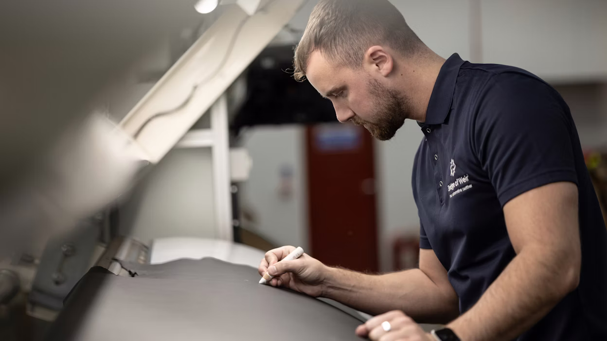 Checking the leather for natural characteristics.