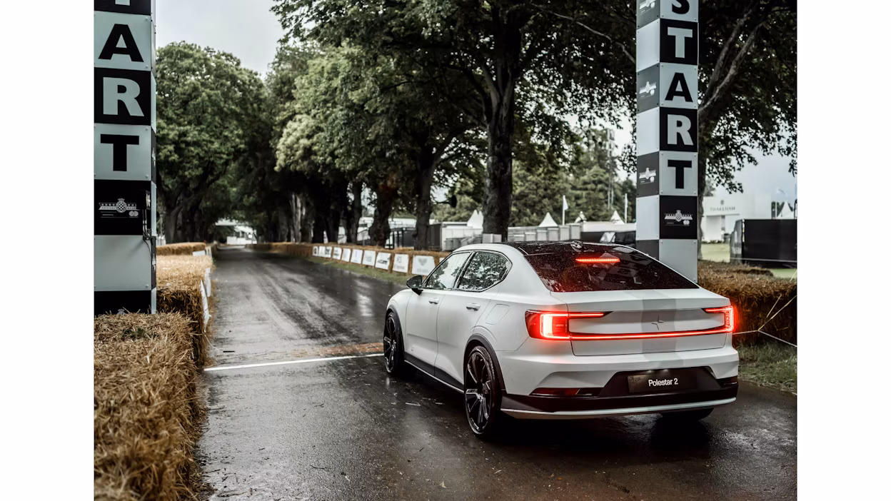 Experimental Polestar 2 on start line at Goodwood 2021.