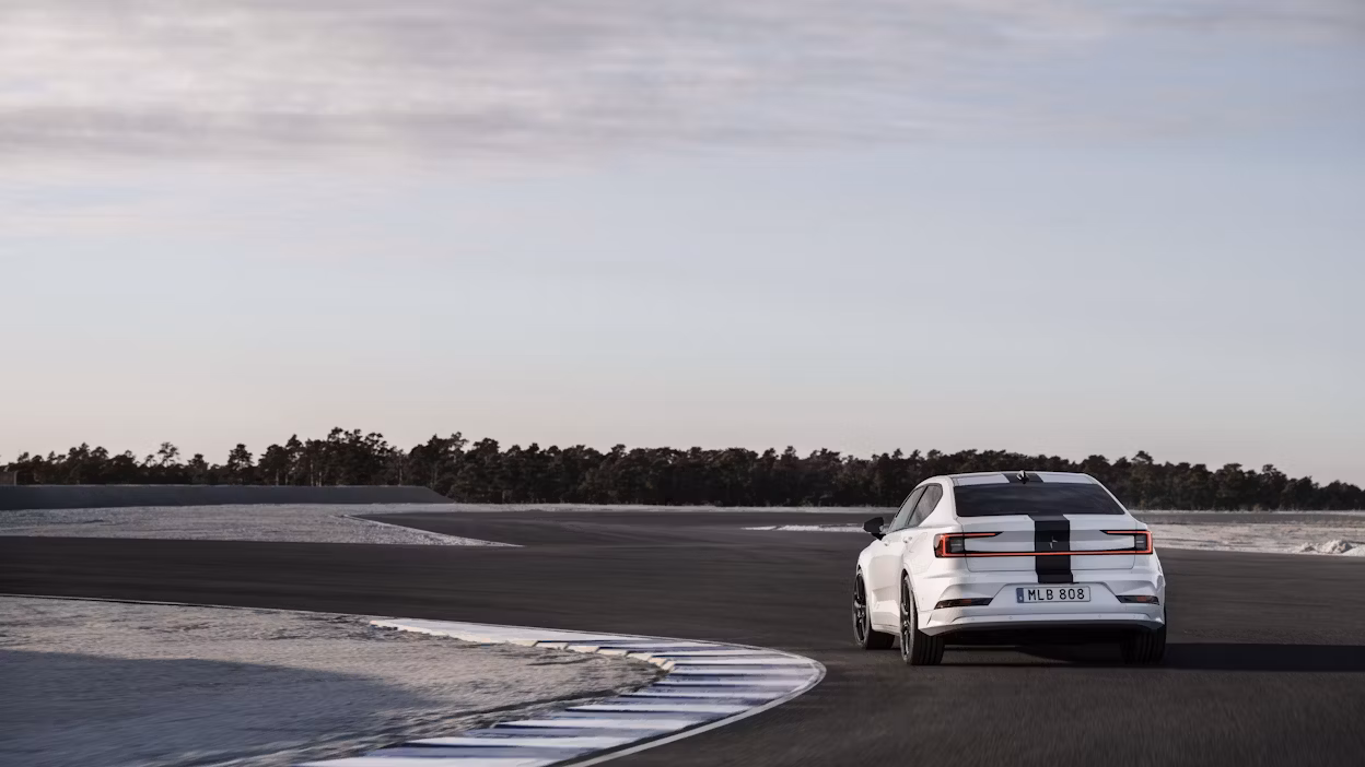 Rear of Polestar 2 BST edition 270 on track.