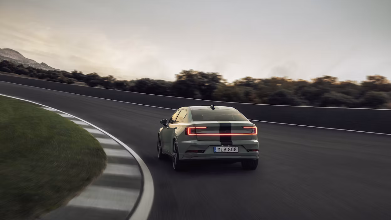 Rear of Polestar 2 BST edition 230 driving on track.