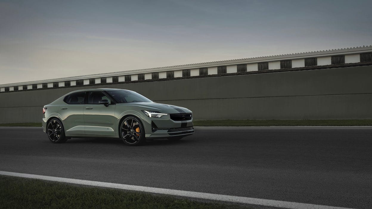 Side view of Polestar 2 BST edition 230 on track.