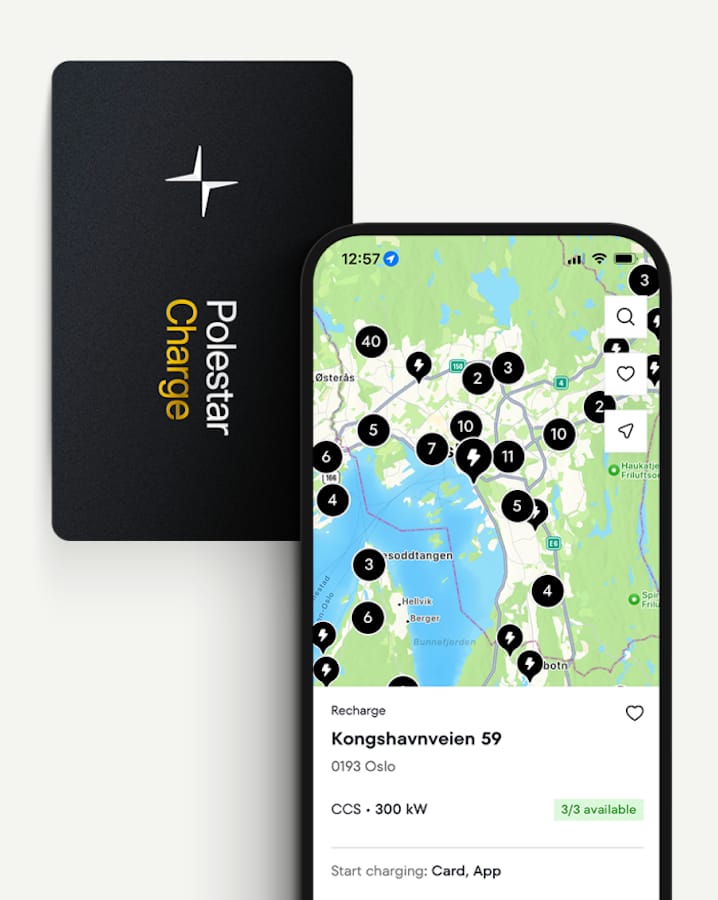 A Polestar Charge card next to a phone displaying a map.