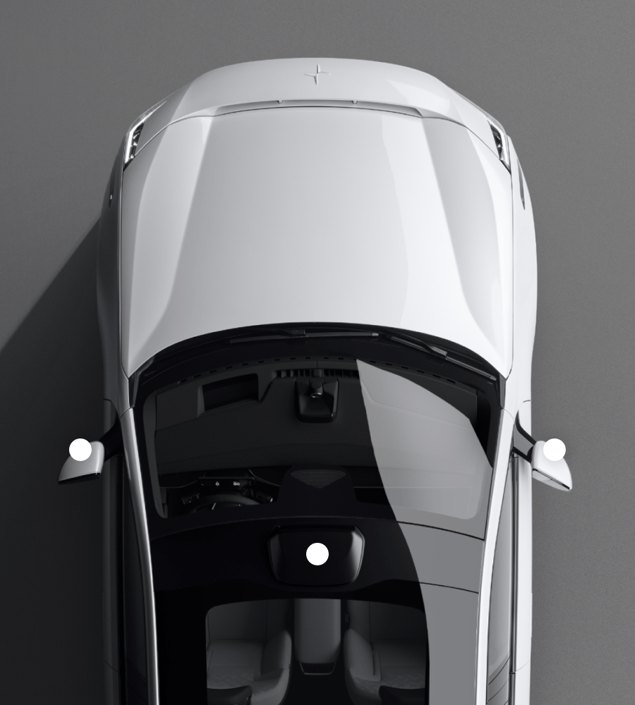 Top part of the Polestar 3 seen from above with 3 white dots to mark the position of the additional cameras.