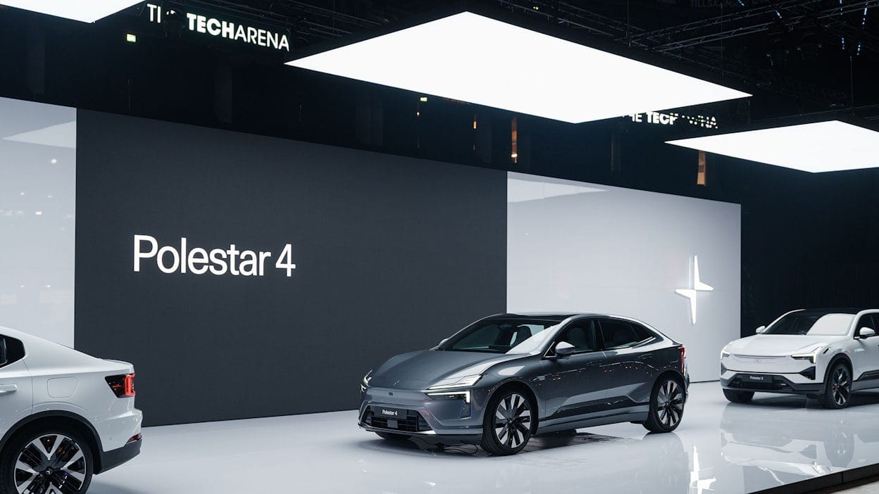 Polestar 4, Polestar 3, and Polestar 2 parked in front of a large screen displaying the word 'Polestar 4' at Friends Arena