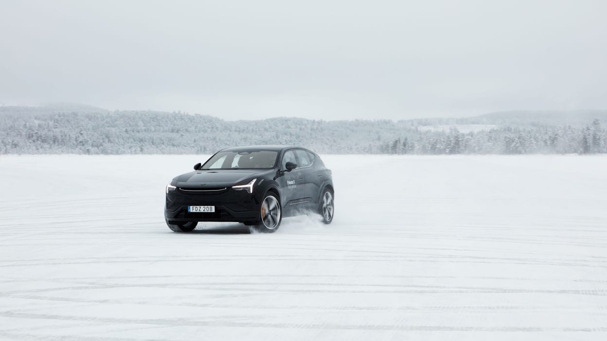 Polestar 3 in Space colour driving on track on ice.