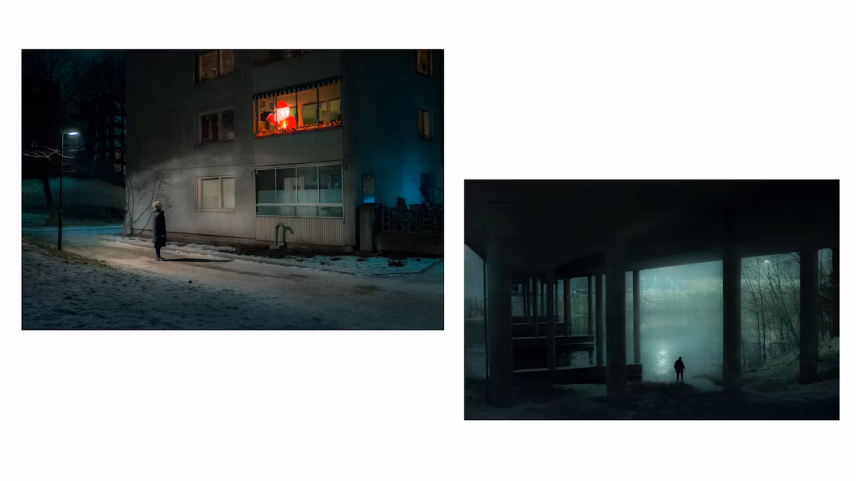 Person walking on snowy path near building with lit Santa decoration. Second image shows person under bridge near water.