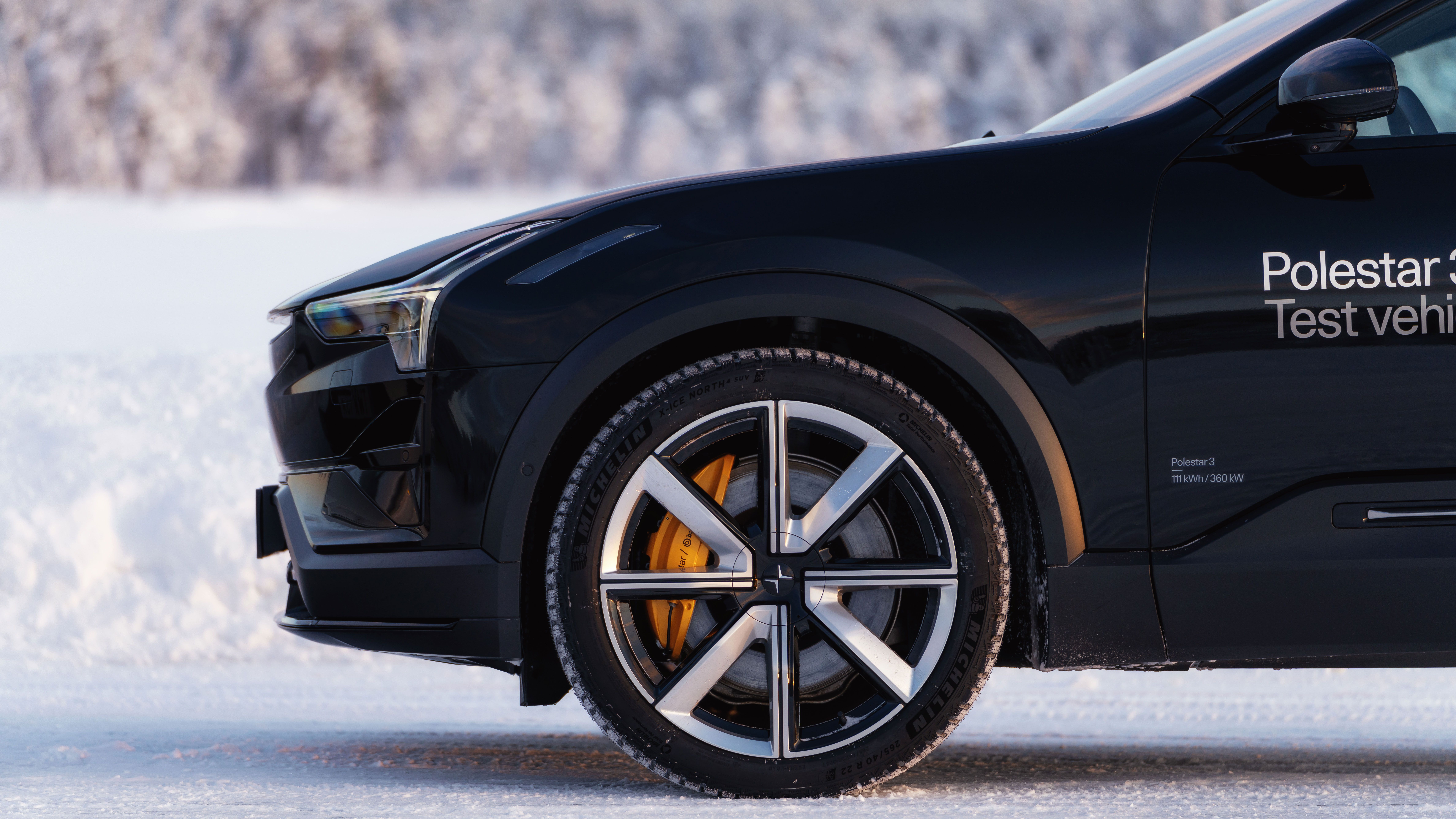 Polestar 3 in Space color showing the decal with the text 'Polestar 3 Test Vehicle