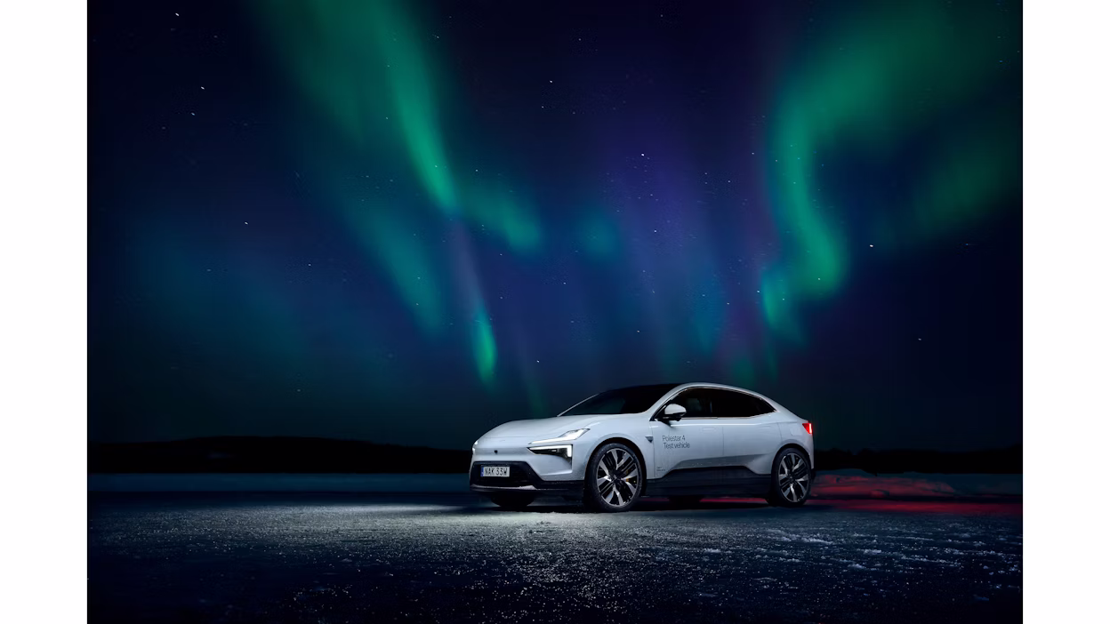Polestar 4 with Northern Lights backdrop.
