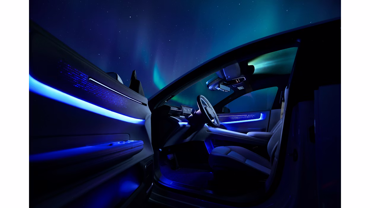 Interior illumination in Polestar 4 with Northern Lights backdrop.