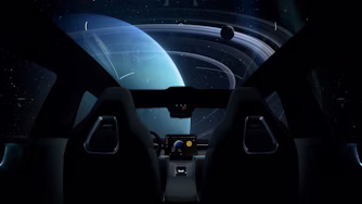 Rendered image of Polestar 4 interior with imagines planets outside