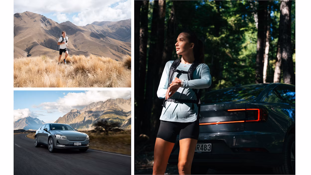 Collage of Cam and Lana graves running and Polestar 2 on the open road.