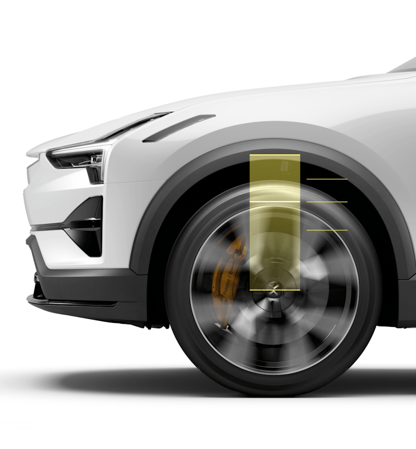 On a white background, an enhanced view of the wheel and suspension show the air suspension, with height adjusting.