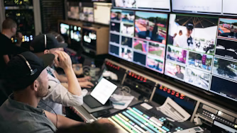 Broadcast control room with multiple monitors displaying video feeds, control panels, and operators wearing headsets.