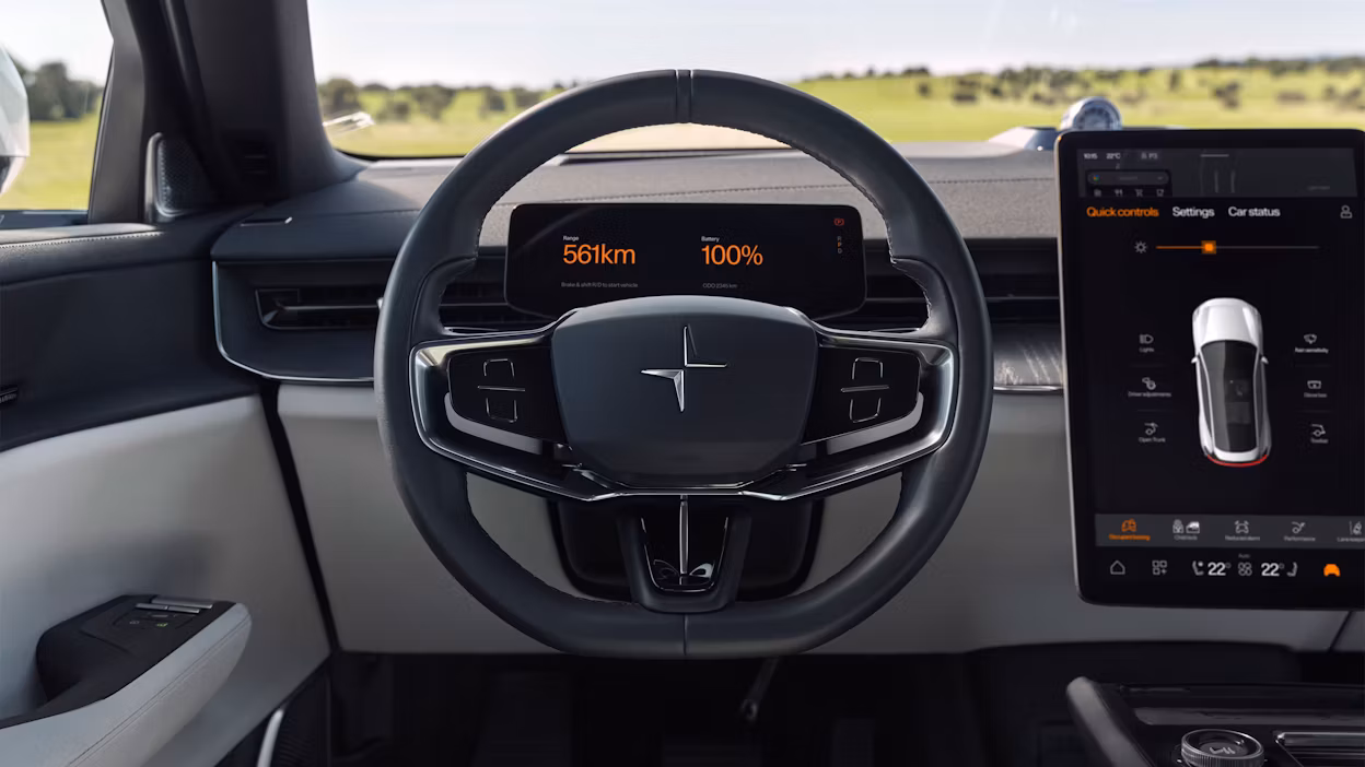 Interior of a Polestar 3 showing the steering wheel and display
