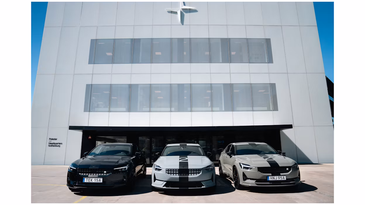 Three different versions of Polestar 2 BST in front of Polestar HQ in Gothenburg.