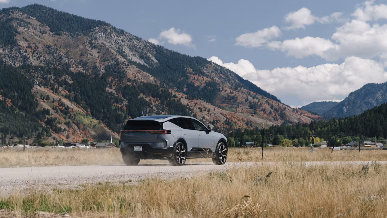 Polestar 3 driving on gravel road in Jackson Hole, Wyoming.
