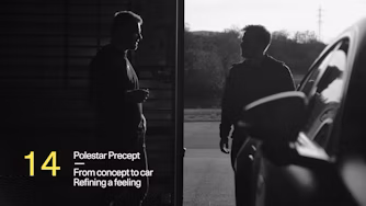 Two people standing near a Polestar car in a dimly lit area with text about Polestar Precept concept and design process.