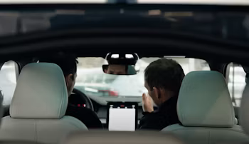 Interior view of Polestar car with two people seated in front, central touchscreen visible, exterior cars in background.